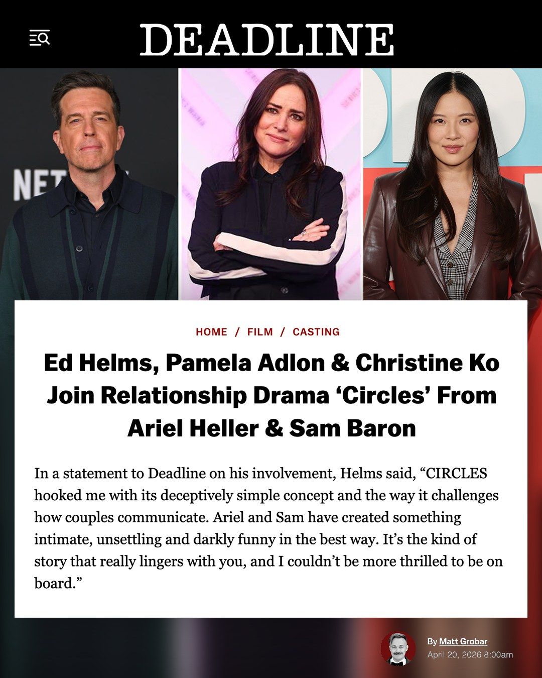 Deadline: Ed Helms, Pamela Adlon & Christine Ko Join Relationship Drama ‘Circles’ From Ariel Heller & Sam Baron